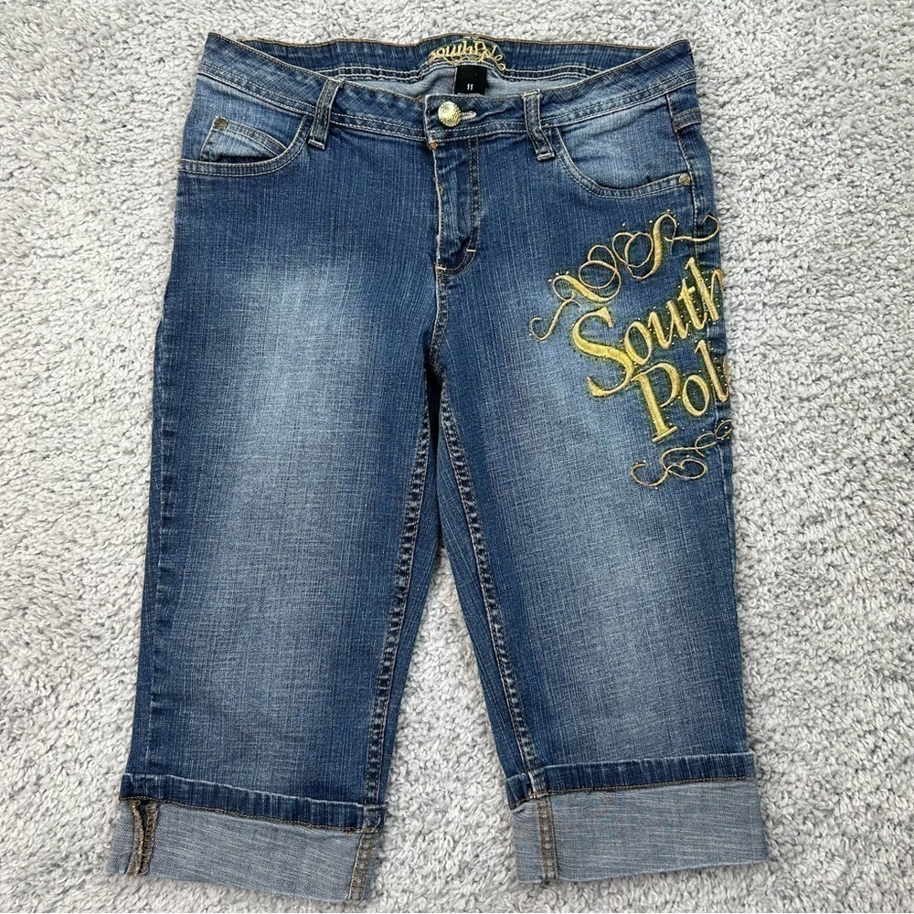 Southpole Pants Womens 11 Capri Pedal Pushers Gold Spellout Streetwear Classic